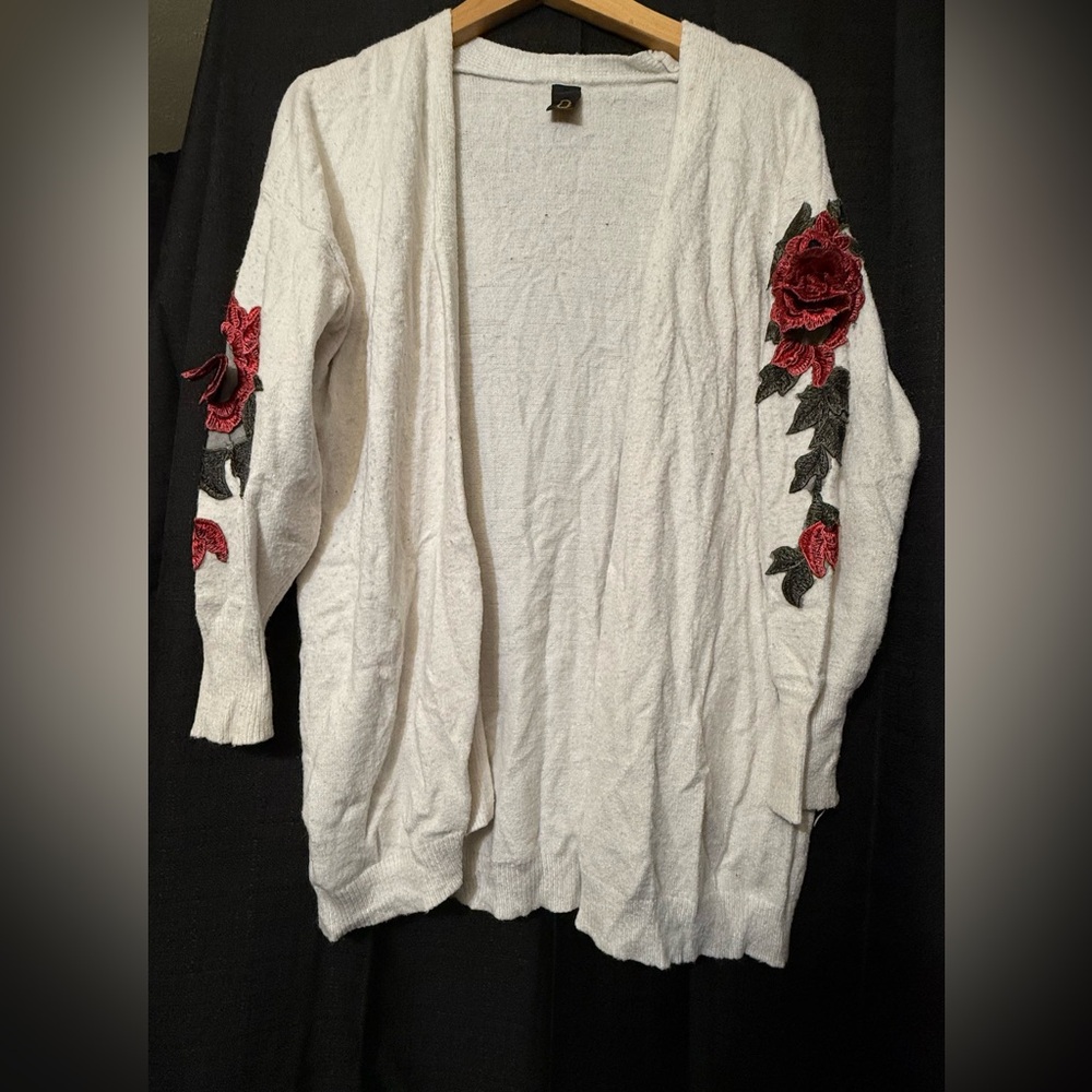 White Cardigan with Red Floral Embroidery